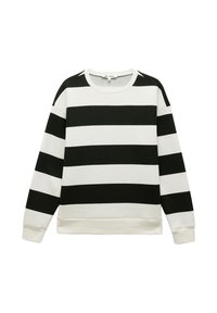 Czarny i biały sweter w paski z okrągłym dekoltem, długimi rękawami i ściągaczami. Wykonany z miękkiego materiału, o luźnym kroju.