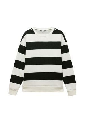 Czarny i biały sweter w paski z okrągłym dekoltem, długimi rękawami i ściągaczami. Wykonany z miękkiego materiału, o luźnym kroju.