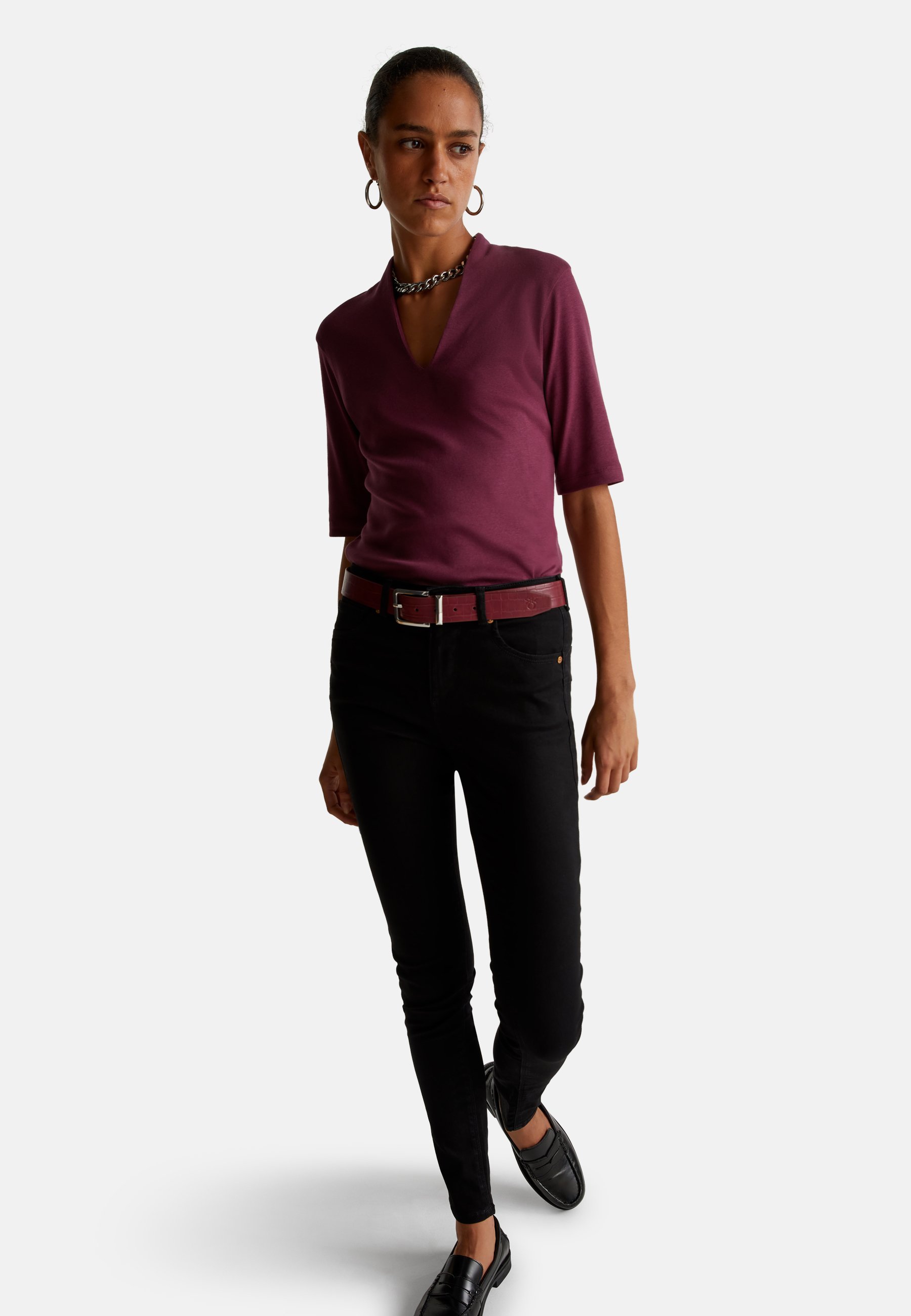 United Colors Of Benetton Damen T-Shirt Aus Rippstrick – Violett, 3/4-Ärmel, U-Boot-Ausschnitt, Größe M