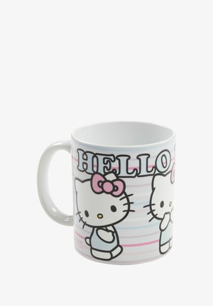 Keramiktasse mit einem weißen Hintergrund, pastellgestreiftem Design und zwei Hello Kitty Illustrationen mit einer rosa Schleife sowie dem Wort "HELLO."