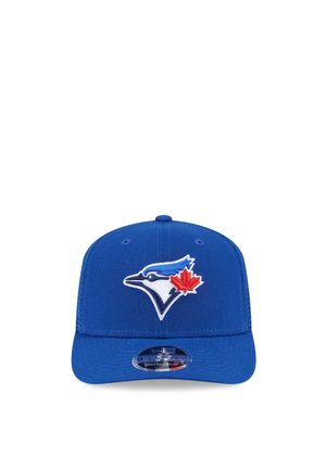 Blue baseball cap with a white and blue bird logo featuring a red maple leaf on the side, flat brim, and adjustable snapback.