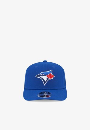 Blue baseball cap with a white and blue bird logo featuring a red maple leaf on the side, flat brim, and adjustable snapback.