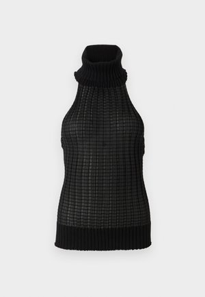 Mustat hihattomat poolopaidat, joissa on teksturoitu ruutukuosi ja ribbireunat. Valmistettu kevyestä materiaalista ja sovitettu design.