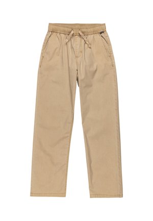 Beige, lightweight cotton pants with an elastic waistband, adjustable drawstring, and side pockets; straight-leg design and smooth texture.