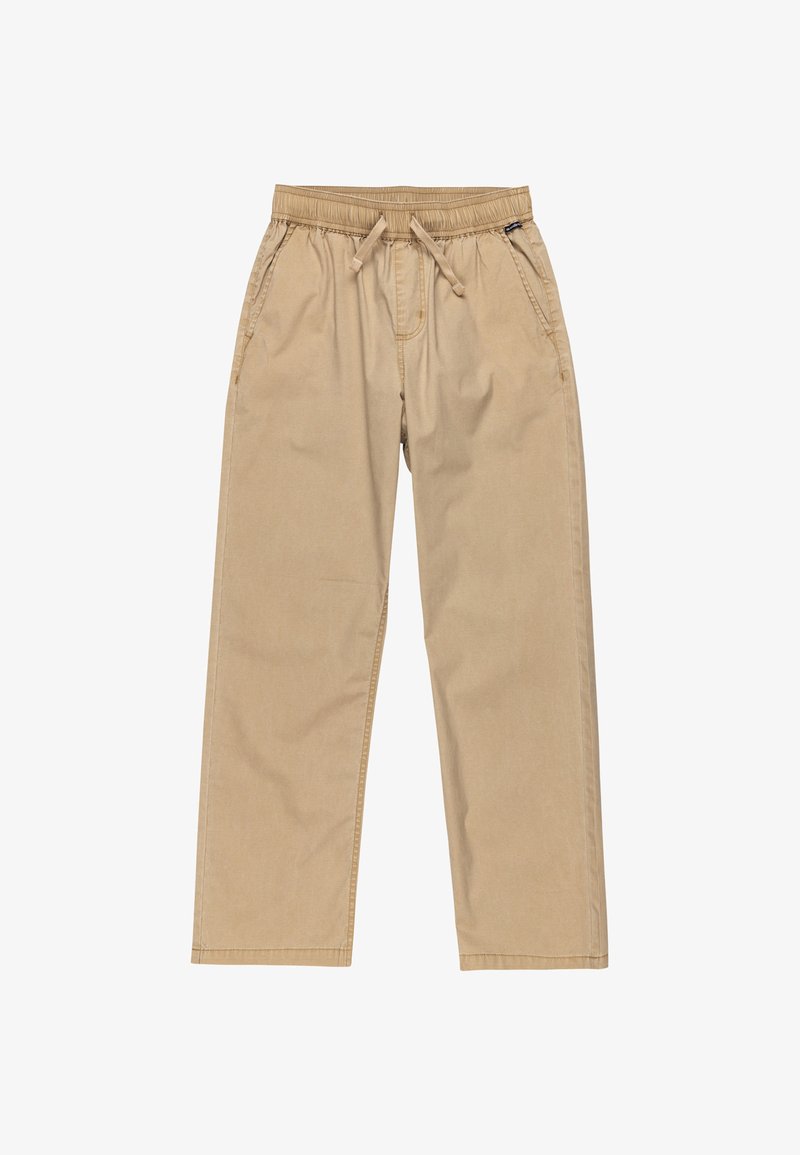 Pantalones de algodón ligeros en color beige con cintura elástica, cordón ajustable y bolsillos laterales; diseño de pierna recta y textura suave.