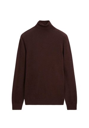 Hnědý rolák vyrobený z měkké látky, s dlouhými rukávy a přiléhavým střihem. Hladký povrch s minimalistickým stylem.