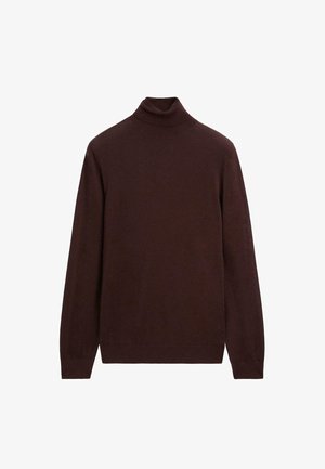 Brown turtleneck sweater made of soft fabric, featuring long sleeves and a fitted design. Smooth texture with a minimalistic style.