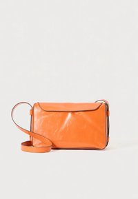 Orange leather crossbody bag with a smooth texture, rectangular shape, and black trim. Features a detachable shoulder strap.