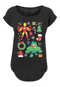 Black t-shirt featuring colorful cartoon designs of Iron Man, Hulk, and holiday icons like a Christmas tree and presents. Smooth texture.