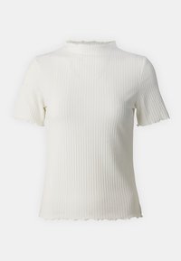 Biały prążkowany top z krótkim rękawem, z wysokim dekoltem i falistymi brzegami, charakteryzujący się miękką teksturą i dopasowanym krojem.