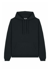 Felpa nera con cappuccio in cotone. Presenta una tasca a marsupio frontale, polsini e orlo a coste. Design semplice senza motivi visibili.