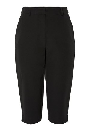 Crne kapri hlače s glatkom teksturom, s krojem koji je prilagođen tijelu, ravnim prednjim dijelom i oborenim rubovima. Bez vidljivih džepova ili ukrasa.