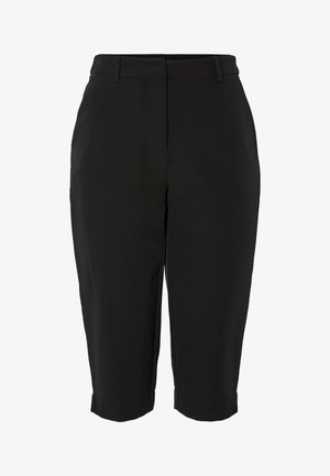 Crne kapri hlače s glatkom teksturom, s krojem koji je prilagođen tijelu, ravnim prednjim dijelom i oborenim rubovima. Bez vidljivih džepova ili ukrasa.