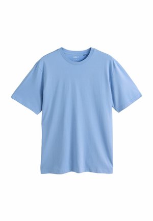 T-shirt uni bleu clair à manches courtes et col rond, présenté sur fond blanc.