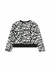 Sweatshirt court DKNY en noir et blanc. Présente un motif audacieux de texte superposé. Manches longues et col rond côtelé.