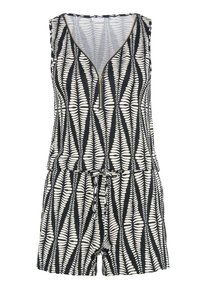 Černobílý overal s výstřihem do V, zlatým zipem, vzorem prostorní listy, bez rukávů a s nastavitelným stahováním v pase.