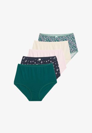 Five pairs of women's cotton briefs in various colors: dark green, navy with floral print, pale pink, cream, and green floral pattern.