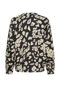 Zwarte blouse met een losse pasvorm, voorzien van een crèmekleurig abstract patroon. Lange mouwen en een ronde halslijn versterken het ontspannen ontwerp.