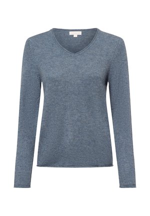 Blauer V-Ausschnitt-Pullover aus geripptem Strickstoff. Verfügt über lange Ärmel und einen geraden Saum mit einer weichen, strukturierten Oberfläche.