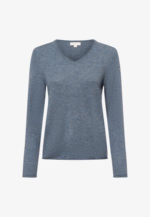 Blauwe V-hals trui gemaakt van ribgebreide stof. Beschikt over lange mouwen en een rechte onderrand, met een zachte, gestructureerde oppervlakte.