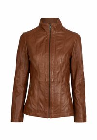 Giacca in pelle marrone con colletto alto, chiusura a zip frontale e cuciture verticali. Due tasche laterali con zip. Texture liscia e design aderente.