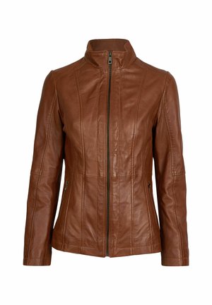 Giacca in pelle marrone con colletto alto, chiusura a zip frontale e cuciture verticali. Due tasche laterali con zip. Texture liscia e design aderente.