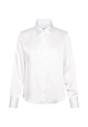 Witte blouse met lange mouwen met verticale streepjes, een puntige kraag en knopen aan de voorkant. Gladde stof met een licht glanzende textuur.