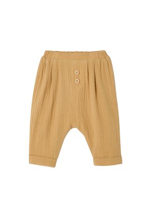Beige textured baby pants with elastic waistband, two front buttons, loose fit, and rolled cuffs.