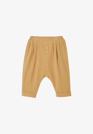 Beige textured baby pants with elastic waistband, two front buttons, loose fit, and rolled cuffs.