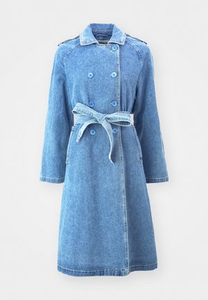 Light blue denim coat with double-breasted button closure, belted waist, long sleeves, and two side pockets. Smooth texture, knee-length.