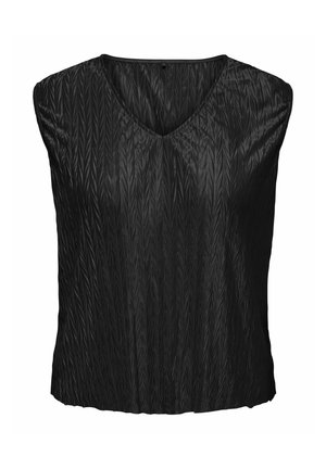 Black sleeveless top with textured chevron pattern and V-neckline, made from shiny, lightweight fabric.