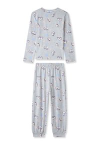 Dwuczęściowy zestaw piżamowy wykonany z miękkiej, jasnoszarej bawełny z nadrukiem jednorożca i gwiazdek w pastelowych kolorach. Długie rękawy oraz elastyczne mankiety spodni.
