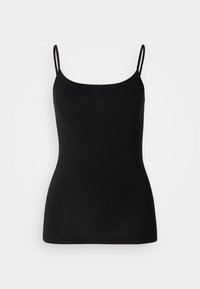 Black camisole top with thin adjustable straps, smooth stretch fabric, and a fitted silhouette. No patterns or embellishments.