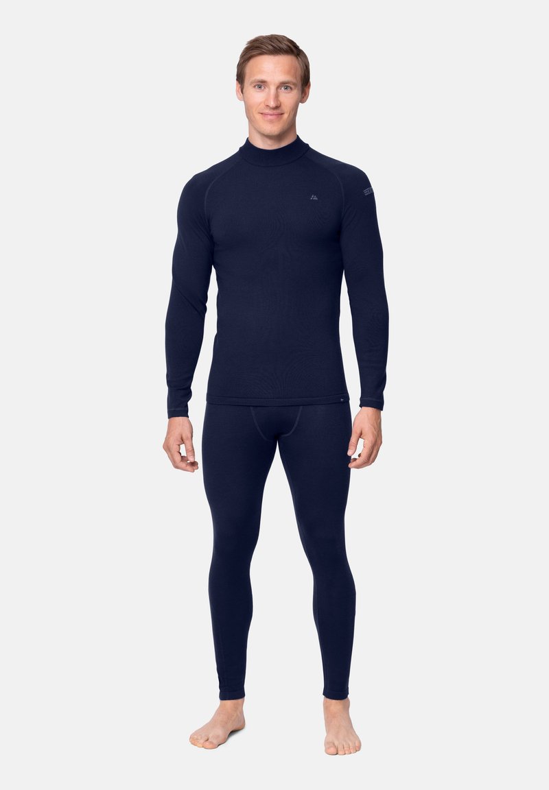 Navy Thermo-Unterwäsche Set aus weichem, geripptem Material mit hohem Kragen, langen Ärmeln und figurnaher Passform für optimale Isolierung.