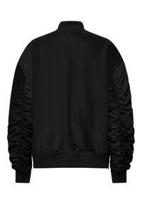 Veste bomber noire avec manches froncées, col, poignets et taille côtelés, vue de dos sur fond blanc.