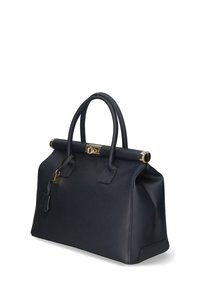 Borsa a mano in pelle nera con forma strutturata, doppi manici superiori, dettagli in hardware dorato e chiusura con un piccolo lucchetto.