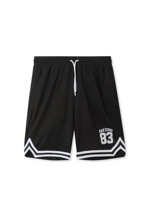 Pantaloni sportivi neri in rete con dettagli bianchi, dotati di vita con cordino, stampa "SAN DIEGO 83" e bordo a zigzag all'orlo.