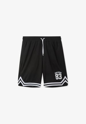 Pantaloni sportivi neri in rete con dettagli bianchi, dotati di vita con cordino, stampa "SAN DIEGO 83" e bordo a zigzag all'orlo.