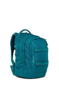 Türkise Rucksack mit gepolsterten Trägern, mehreren Fächern, Seitentaschen, verstärktem Boden und verstellbarem Gurtband für sicheren Stauraum.