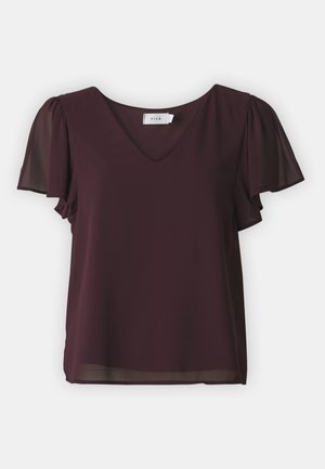 Top de manga curta em chiffon lourado escuro com decote em V, com mangas franzidas e um corte relaxado. A etiqueta exibe a marca "VILA".