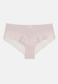 Mutande in pizzo rosa chiaro con motivi floreali lungo la vita, bordi scallop e un dettaglio centrale a forma di fiocco in raso.