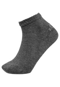 Graue Knöchelstrümpfe mit einem gerippten Bund, aus einem weichen, strukturierten Stoff gefertigt. Verfügt über eine nahtlose Zehenpartie für zusätzlichen Komfort und hat ein leichtes Design.