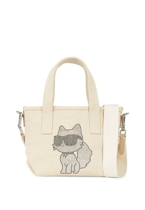 Beige canvas tas met twee handvatten en een afneembare band, met een gestippeld ontwerp van een kat met een zonnebril aan de voorkant.