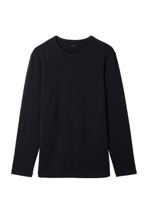 Schwarzes Langarmshirt aus weichem Stoff mit rundem Halsausschnitt und geradem Schnitt. Hat keine Muster oder Verzierungen, minimales Design.