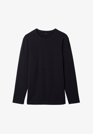 Black long-sleeve shirt made of soft fabric with a round neckline and straight cut. Features no patterns or embellishments, minimal design.