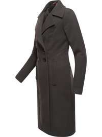 Manteau en mélange de laine gris avec un devant boutonné double, des revers en pointe, des poches latérales et une texture lisse, doté d'une doublure à motifs.