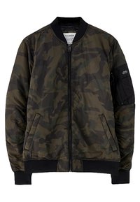 Veste bomber à motif camouflage, dotée d'une fermeture éclair frontale, de poignets côtelés noirs et d'une poche latérale avec détail zippé.