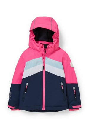 Chaqueta de invierno para niños con capucha rosa, parte inferior azul marino, rayas Chevron en azul claro y blanco, y bolsillos delanteros con cremallera.
