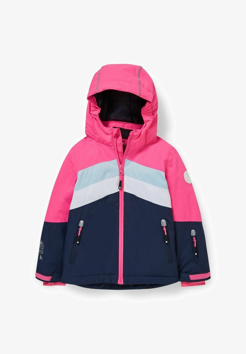 Veste d'hiver pour enfants avec capuche rose, partie inférieure bleu marine, rayures chevrons bleu clair et blanc, et poches zippées à l'avant.