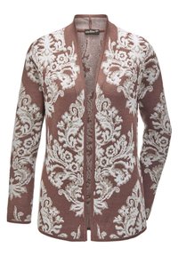 Cardigan marron avec un motif floral orné blanc, design à l'avant ouvert, manches longues et tissu tricoté texturé.